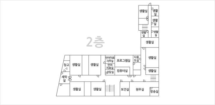 2층 평면도 입니다. 2층에는 12개의 생활실, 다용도실, 프로그램실, 컴퓨터실, 언어치료 사무실, 언어치료실, 상담실, 창고-1, 세탁실, 보건실, 원무실, 방송실이 위치하고 있습니다.