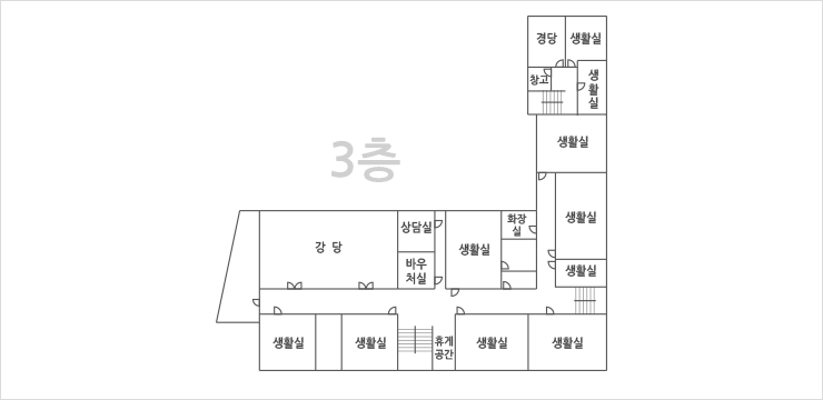 3층 평면도 입니다. 3층에는 10개의 생활실, 경당, 창고, 화장실, 휴게공간, 상담실, 바우처실, 강당이 위치하고 있습니다.